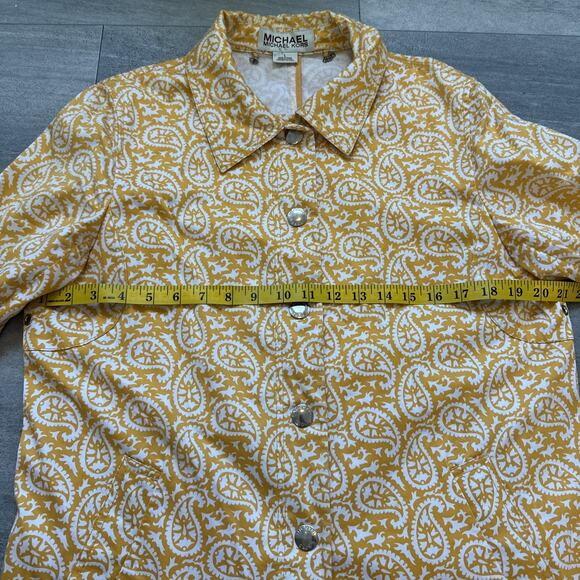 Michael Kors LARGE Yellow White Paisley Print Long Topper Dress Jacket Stretch - Picture 6 of 7